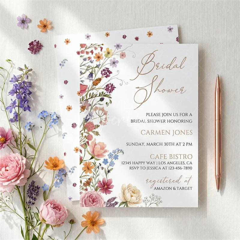 Aperturee - Aperturee Custom Watercolor Set of 20 Wildflower Bridal Shower Invitation Elegant Floral Garden Party Design