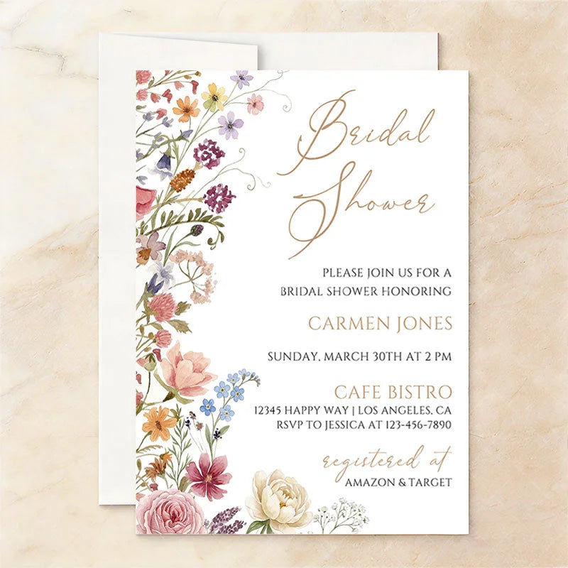 Aperturee - Aperturee Custom Watercolor Set of 20 Wildflower Bridal Shower Invitation Elegant Floral Garden Party Design