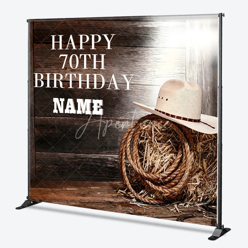 Aperturee - Aperturee Custom Western Happy 70th Birthday Backdrop with Rustic Wood Planks Cowboy Hat and Hay Bale Decor