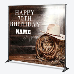 Aperturee - Aperturee Custom Western Happy 70th Birthday Backdrop with Rustic Wood Planks Cowboy Hat and Hay Bale Decor