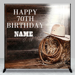 Aperturee - Aperturee Custom Western Happy 70th Birthday Backdrop with Rustic Wood Planks Cowboy Hat and Hay Bale Decor