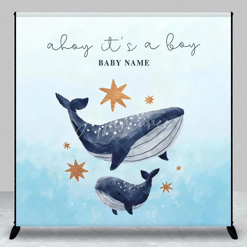 Aperturee - Aperturee Custom Whale Baby Shower Backdrop Personalized Ahoy Its a Boy Nautical Theme Party