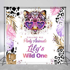 Aperturee - Aperturee Custom Wild One 1st Birthday Backdrop Leopard with Heart Glasses and Tropical Leaves Party Background