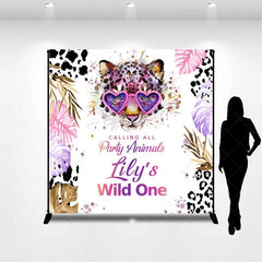 Aperturee - Aperturee Custom Wild One 1st Birthday Backdrop Leopard with Heart Glasses and Tropical Leaves Party Background