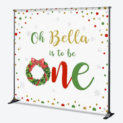 Aperturee - Aperturee Custom Winter First Birthday Backdrop with Christmas Wreath Gold Glitter Snowflakes and Red Green Confetti.