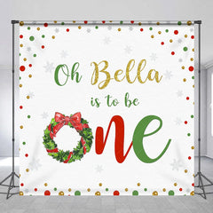Aperturee - Aperturee Custom Winter First Birthday Backdrop with Christmas Wreath Gold Glitter Snowflakes and Red Green Confetti.