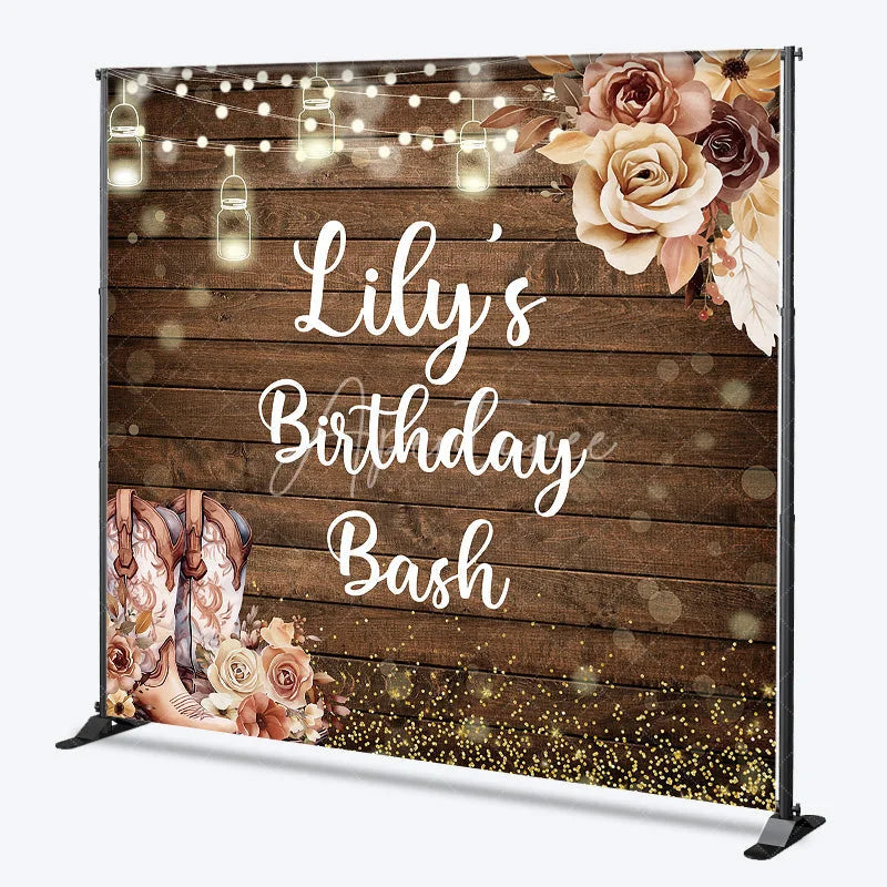 Aperturee - Aperturee Custom Wooden Birthday Bash Backdrop with Rustic Cowboy Boots String Lights and Golden Glitter