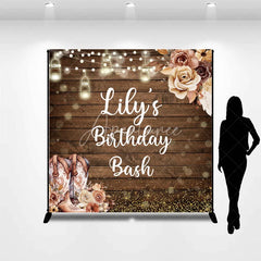 Aperturee - Aperturee Custom Wooden Birthday Bash Backdrop with Rustic Cowboy Boots String Lights and Golden Glitter