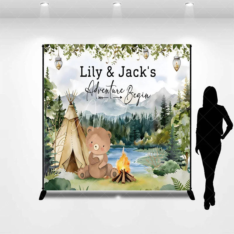 Aperturee - Aperturee Custom Woodland Adventure Bear Camping Backdrop Personalized Baby Shower Birthday Party Decor