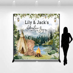 Aperturee - Aperturee Custom Woodland Adventure Bear Camping Backdrop Personalized Baby Shower Birthday Party Decor