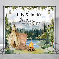 Aperturee - Aperturee Custom Woodland Adventure Bear Camping Backdrop Personalized Baby Shower Birthday Party Decor