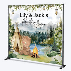 Aperturee - Aperturee Custom Woodland Adventure Bear Camping Backdrop Personalized Baby Shower Birthday Party Decor