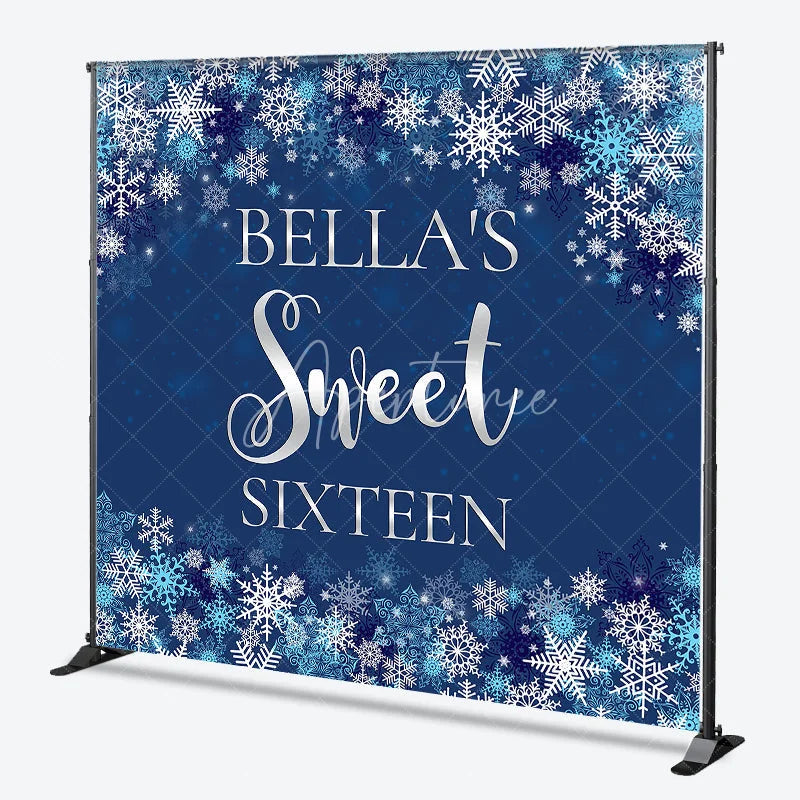 Aperturee - Aperturee Customized Blue and Silver Snowflake Winter Sweet Sixteen Birthday Party Backdrop Personalized Name Decor