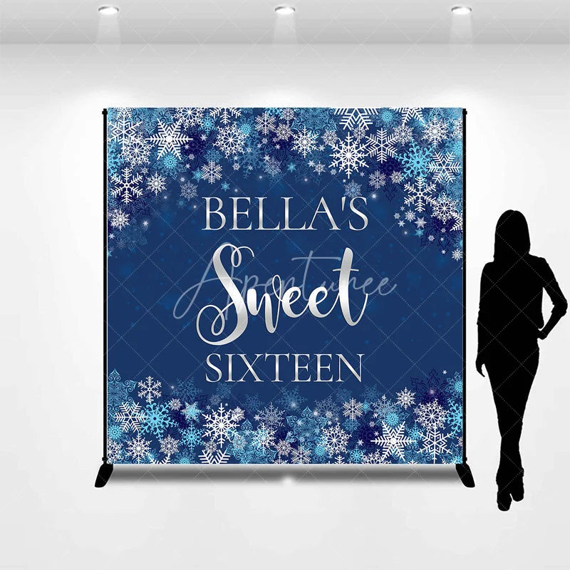 Aperturee - Aperturee Customized Blue and Silver Snowflake Winter Sweet Sixteen Birthday Party Backdrop Personalized Name Decor