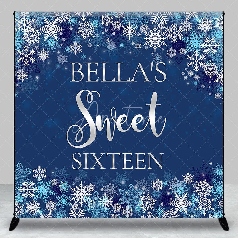 Aperturee - Aperturee Customized Blue and Silver Snowflake Winter Sweet Sixteen Birthday Party Backdrop Personalized Name Decor