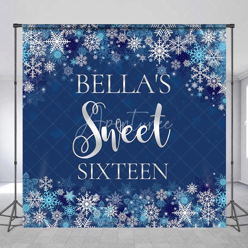 Aperturee - Aperturee Customized Blue and Silver Snowflake Winter Sweet Sixteen Birthday Party Backdrop Personalized Name Decor