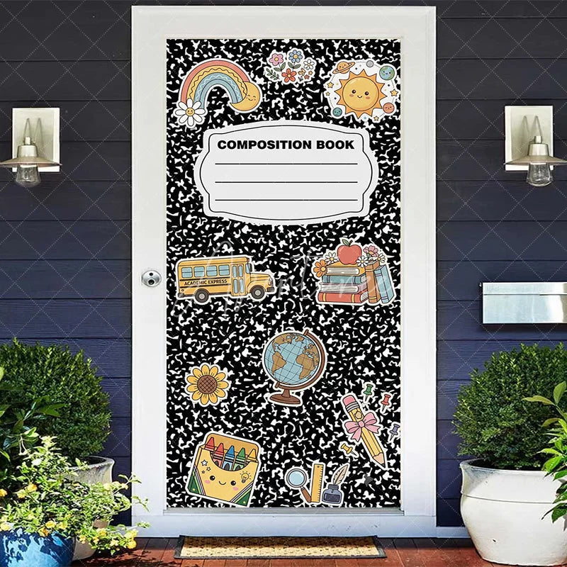 Aperturee - Aperturee Cute Back to School Composition Book Door Cover with School Bus Books and Globe for Classroom Decor