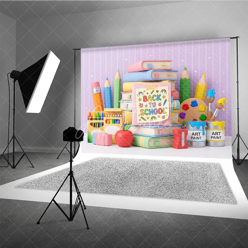 Aperturee - Aperturee Cute Back to School Photography Backdrop with Books Pencils and Art Supplies Pastel Colors and Stars