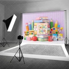 Aperturee - Aperturee Cute Back to School Photography Backdrop with Books Pencils and Art Supplies Pastel Colors and Stars