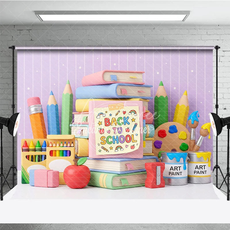 Aperturee - Aperturee Cute Back to School Photography Backdrop with Books Pencils and Art Supplies Pastel Colors and Stars