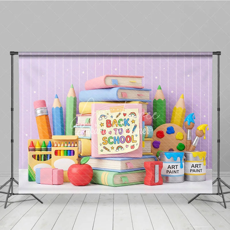 Aperturee - Aperturee Cute Back to School Photography Backdrop with Books Pencils and Art Supplies Pastel Colors and Stars