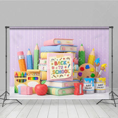 Aperturee - Aperturee Cute Back to School Photography Backdrop with Books Pencils and Art Supplies Pastel Colors and Stars