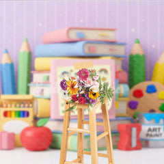 Aperturee - Aperturee Cute Back to School Photography Backdrop with Books Pencils and Art Supplies Pastel Colors and Stars