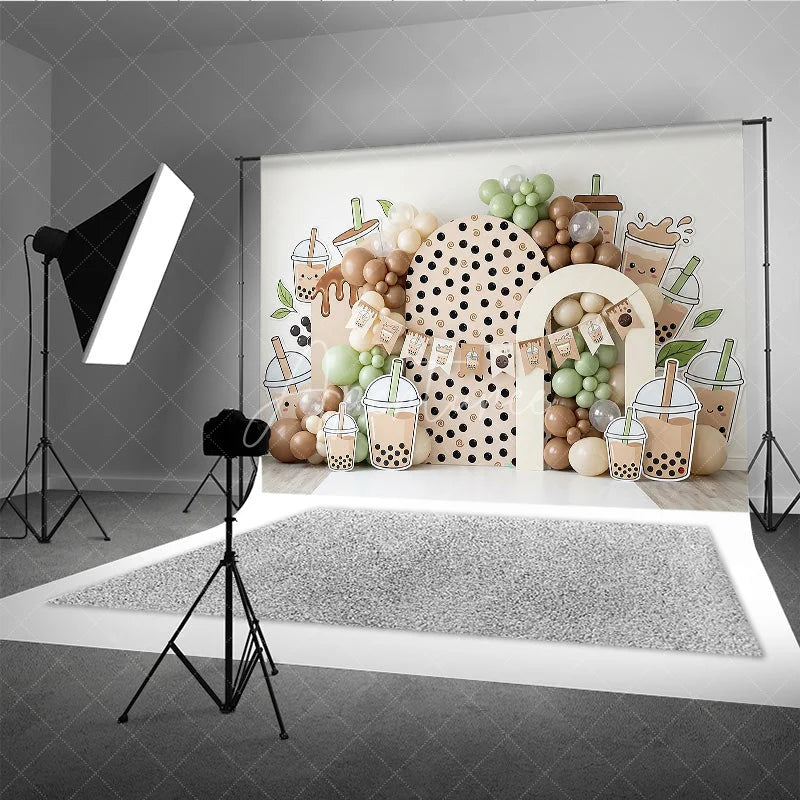 Aperturee - Aperturee Cute Boba Tea Theme Photography Backdrop with Polka Dot Arch and Pastel Balloons Sweet Birthday Party Decor