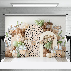 Aperturee - Aperturee Cute Boba Tea Theme Photography Backdrop with Polka Dot Arch and Pastel Balloons Sweet Birthday Party Decor
