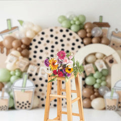 Aperturee - Aperturee Cute Boba Tea Theme Photography Backdrop with Polka Dot Arch and Pastel Balloons Sweet Birthday Party Decor