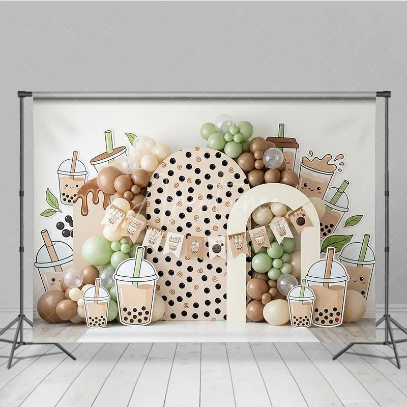 Aperturee - Aperturee Cute Boba Tea Theme Photography Backdrop with Polka Dot Arch and Pastel Balloons Sweet Birthday Party Decor