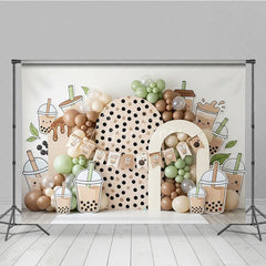 Aperturee - Aperturee Cute Boba Tea Theme Photography Backdrop with Polka Dot Arch and Pastel Balloons Sweet Birthday Party Decor