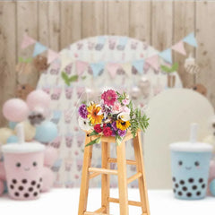 Aperturee - Aperturee Cute Bubble Tea Backdrop Pastel Boba Milk Tea Cup Photography Background Kawaii Girls Birthday Party Decoration