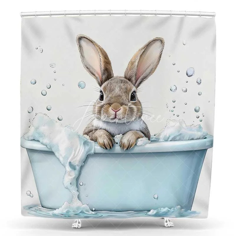 Aperturee - Aperturee Cute Bunny Shower Curtain Brown Rabbit in Bathtub Bubble Bathroom Decoration Farmhouse Animal Pet Bath Set