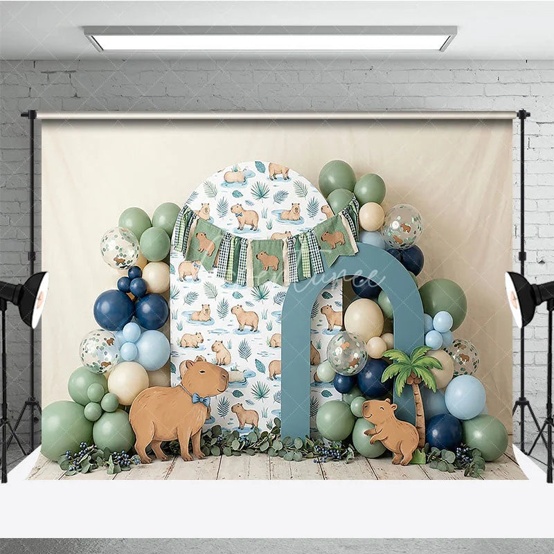 Aperturee - Aperturee Cute Capybara Photography Backdrop with Tropical Leaves and Jungle Animals perfect for Kids Birthday Party Decor