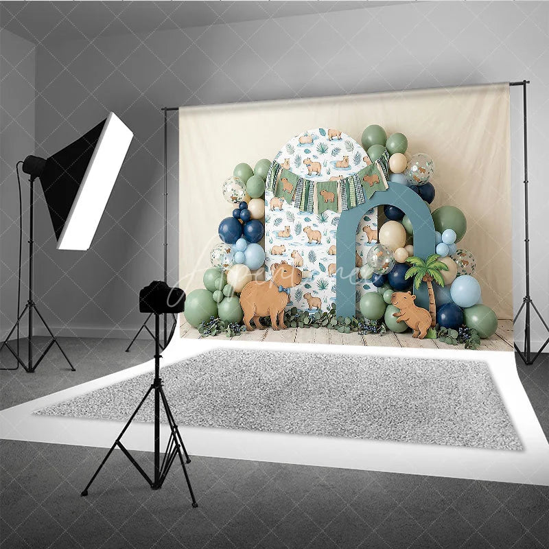 Aperturee - Aperturee Cute Capybara Photography Backdrop with Tropical Leaves and Jungle Animals perfect for Kids Birthday Party Decor