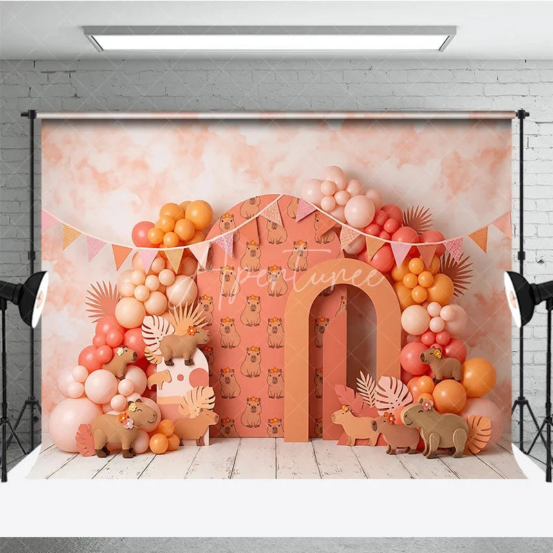Aperturee - Aperturee Cute Capybara with Flower Crowns Photography Backdrop Peach Coral Balloon Garland Birthday Party Decor