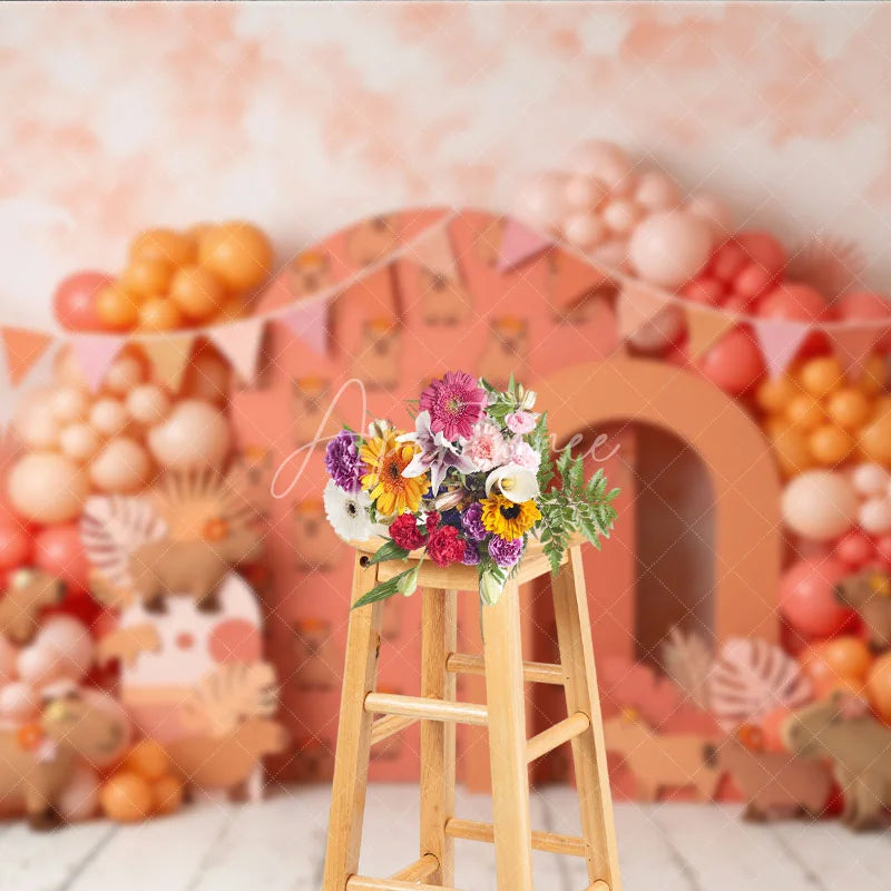 Aperturee - Aperturee Cute Capybara with Flower Crowns Photography Backdrop Peach Coral Balloon Garland Birthday Party Decor