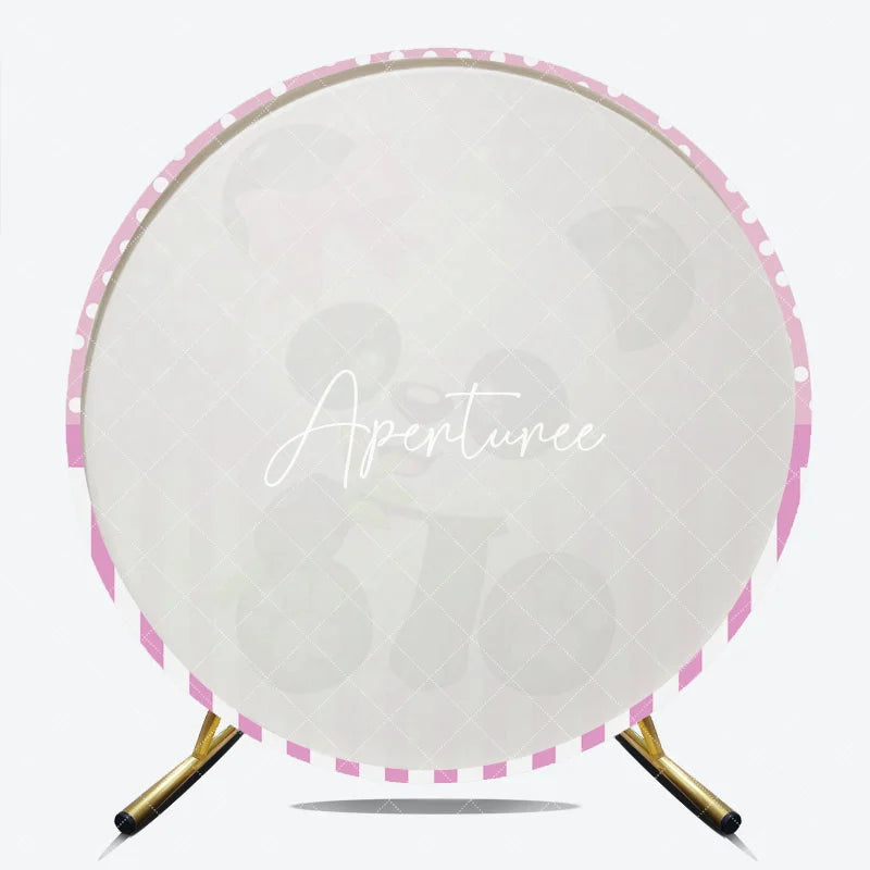 Aperturee - Aperturee Cute Cartoon Baby Panda with Pink Bow and Bamboo Round Backdrop Pink Polka Dot and Striped for Baby Shower