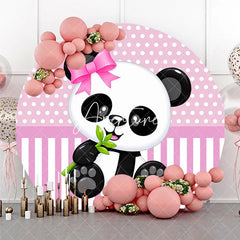 Aperturee - Aperturee Cute Cartoon Baby Panda with Pink Bow and Bamboo Round Backdrop Pink Polka Dot and Striped for Baby Shower