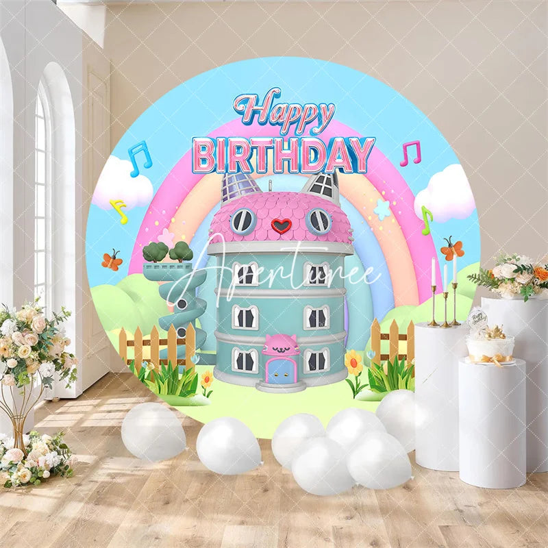 Aperturee - Aperturee Cute Cartoon Cat House Rainbow Circle Birthday Backdrop Girls Kids Party Photo Background Decoration
