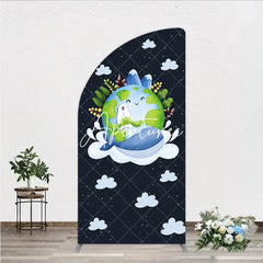 Aperturee - Aperturee Cute Cartoon Earth Polar Bear and Whale Half Moon Arch Backdrop Night Sky Stars Clouds Kids Party Decor.