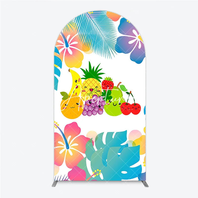 Aperturee - Aperturee Cute Cartoon Fruit and Tropical Leaves Hibiscus Flower Round Top Arch Backdrop Summer Birthday Party Decor