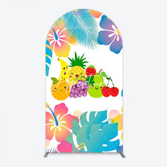 Aperturee - Aperturee Cute Cartoon Fruit and Tropical Leaves Hibiscus Flower Round Top Arch Backdrop Summer Birthday Party Decor