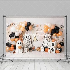 Aperturee - Aperturee Cute Cartoon Ghosts and Pumpkins Halloween Photography Backdrop with Balloons Autumn Leaves Party Decor