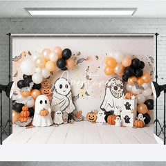 Aperturee - Aperturee Cute Cartoon Ghosts and Pumpkins Halloween Photography Backdrop with Balloons Autumn Leaves Party Decor
