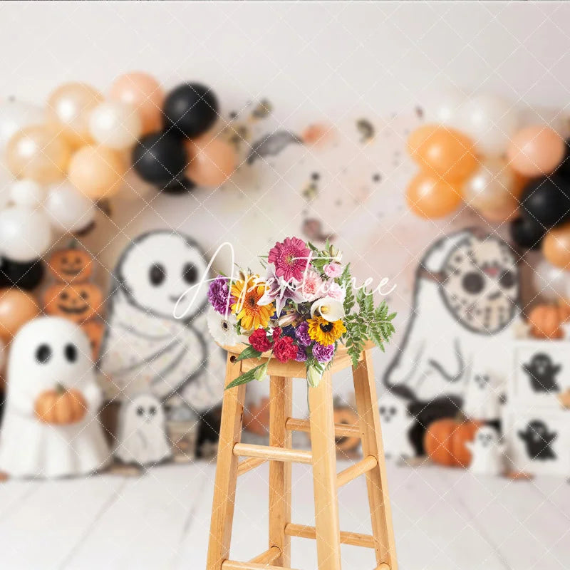 Aperturee - Aperturee Cute Cartoon Ghosts and Pumpkins Halloween Photography Backdrop with Balloons Autumn Leaves Party Decor