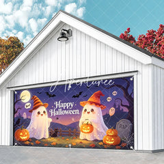 Aperturee - Aperturee Cute Cartoon Ghosts with Witch Hats and Jack-O-Lanterns Happy Halloween Garage Door Banner Spooky Party Decor