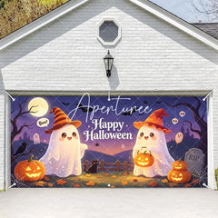 Aperturee - Aperturee Cute Cartoon Ghosts with Witch Hats and Jack-O-Lanterns Happy Halloween Garage Door Banner Spooky Party Decor