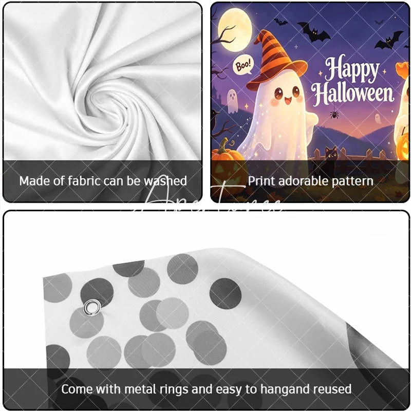 Aperturee - Aperturee Cute Cartoon Ghosts with Witch Hats and Jack-O-Lanterns Happy Halloween Garage Door Banner Spooky Party Decor